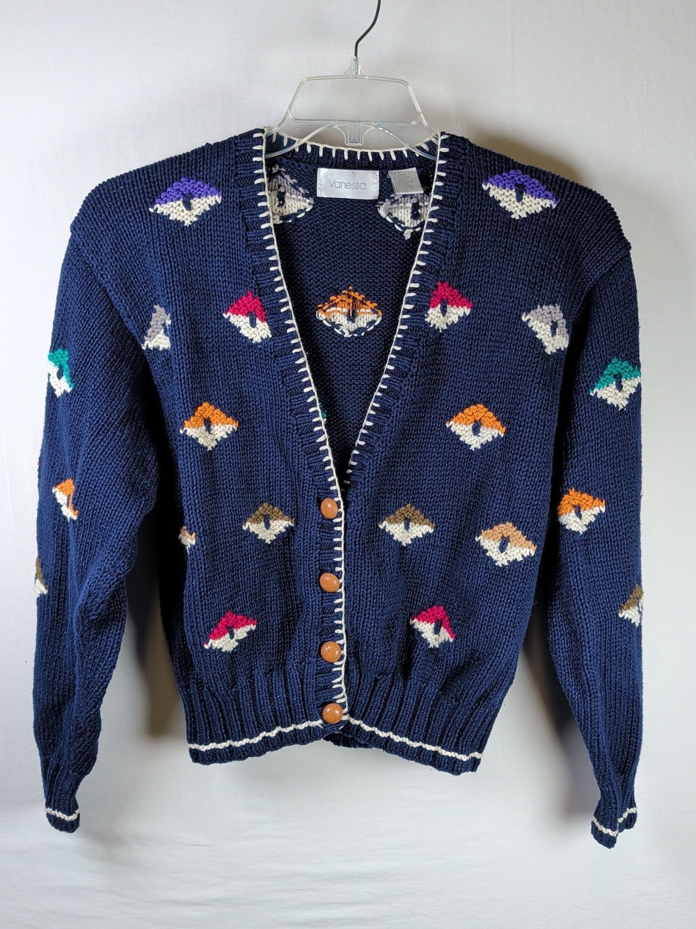 Vanessa Blue Fair Isle Chunky Cardigan Playful Diamonds Eyes - Size M Vintage L